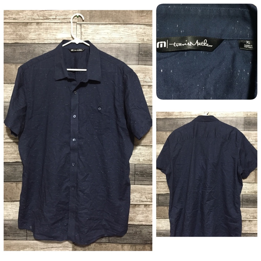 Travis Mathew Short Sleeve Button Up Shirt Men XL Navy Blue Speckle Lightweight
